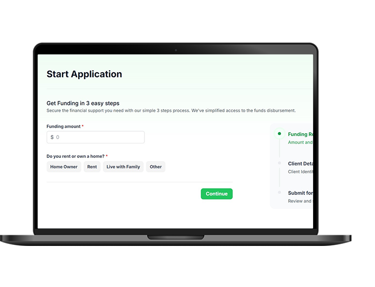 Start your application: funding amount and housing questions on a laptop screen